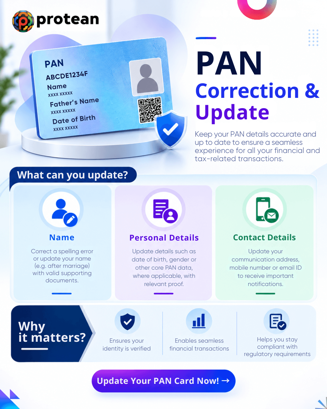 PAN card correction and update options for personal and contact details.